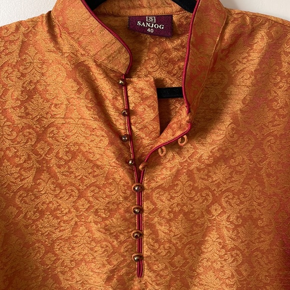 Damask embroidery design orange kurta for men - Picture 4 of 5